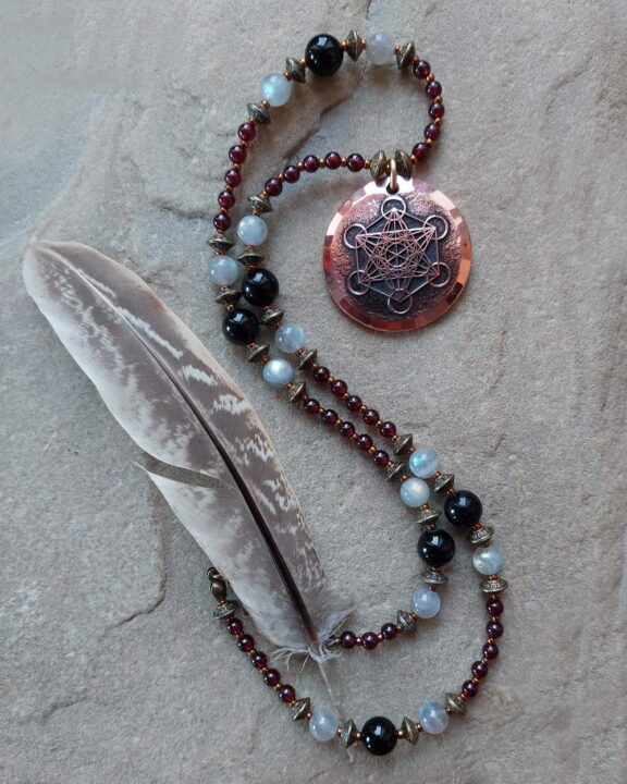 Handmade copper jewelry: Archangel Metatron pendant on a crystal bead necklace