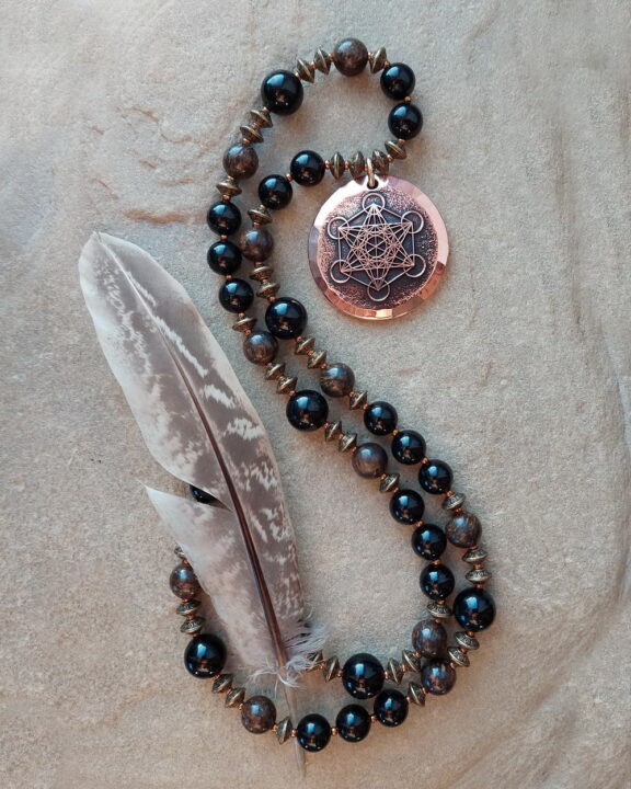 Handmade Metatron pendant on a crystal bead necklace - elegant copper jewellery