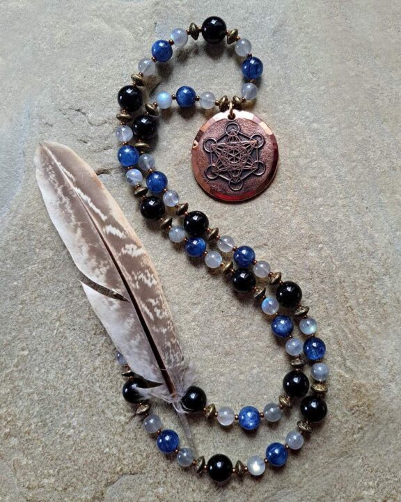 Handmade archangel Metatron pendant on a crystal bead necklace - elegant copper jewelry