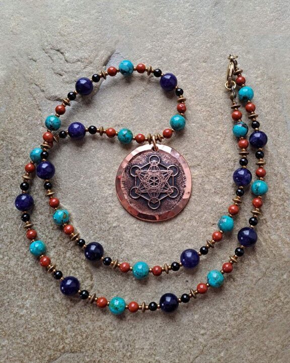 Anhänger - Symbol-Metatron - an Heilsteinkette mit Jaspis, Türkis und Sodalith - edler Boho-Schmuck