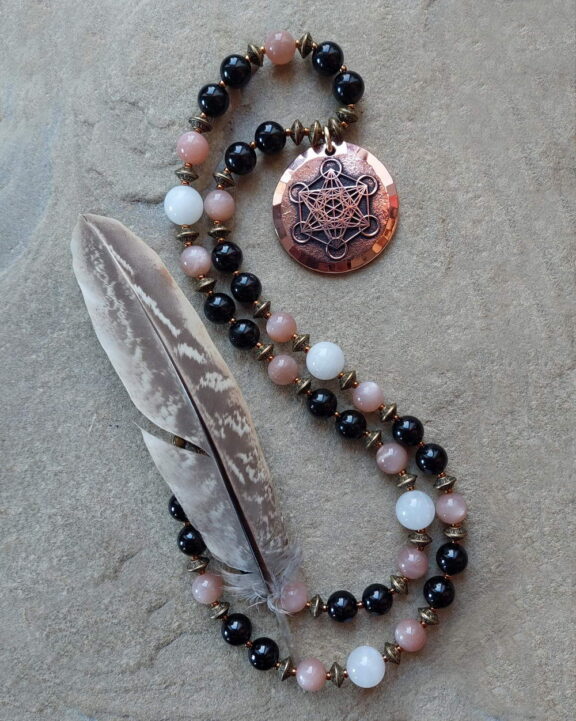 Elegant angel jewellery: Metatron pendant on crystal necklace with Tourmaline, Sun- and Moonstone