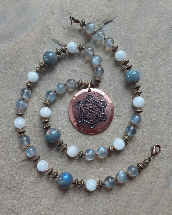 Metratron pendant on crystal necklace with Labradorite and Moonstone - elegant copper jewellery