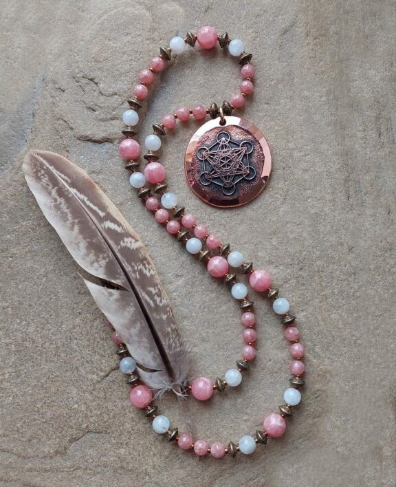 Metatron pendant on healing crystal necklace with rhodochrosite and moonstone beads