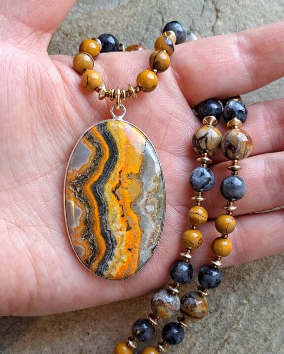 Bumblebee jasper pendant on healing crystal necklace with larvikite and jasper beads - yoga props