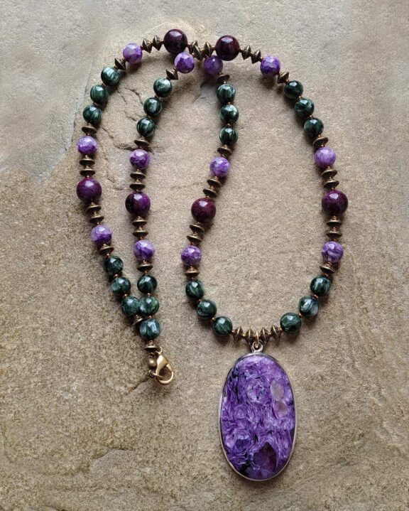 Charoit pendant on a healing crystal beaded necklace - fine jewellery
