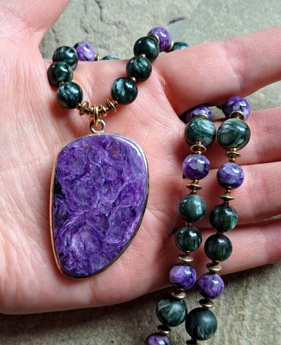 Charoit necklace with beads of charoite and seraphinite - precious jewelry