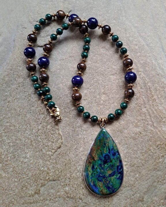 Chrysocolla pendant on a crystal beaded necklace - fine natural jewellery