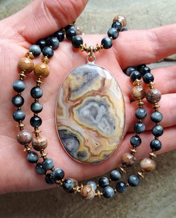 Crazy lace agate necklace with crystal beads - spiritual jewellery