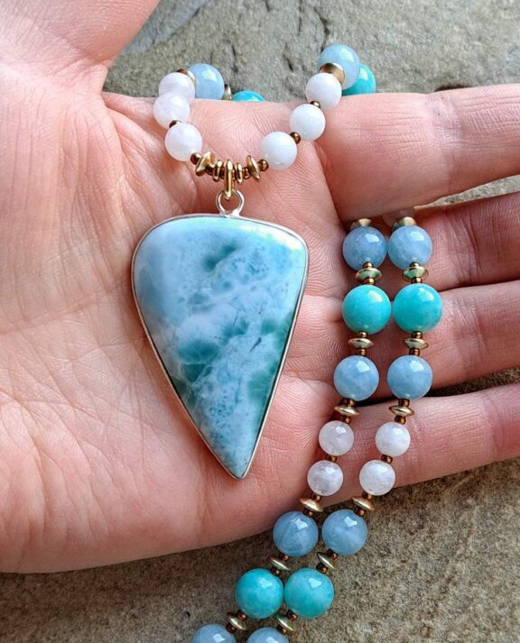 Larimar pendant on a healing stone necklace with crystal beads - ideal Reiki tools