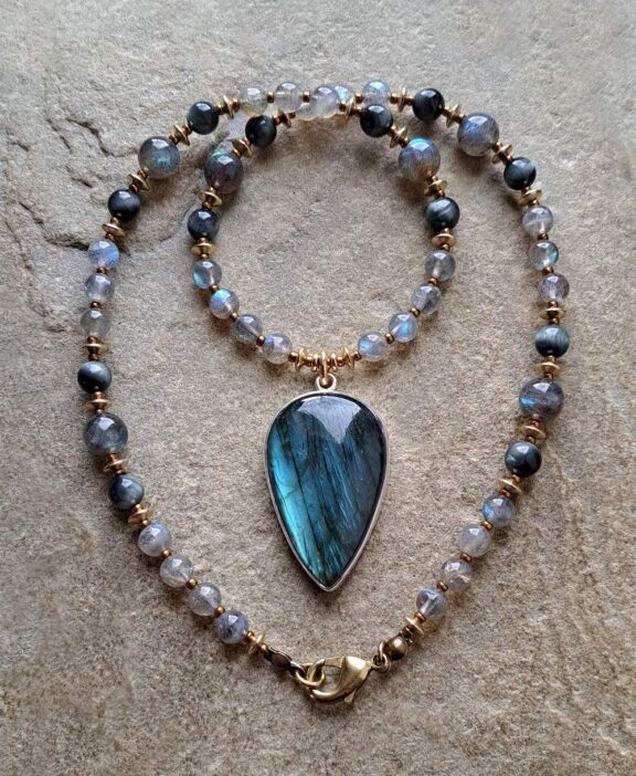 Labradoritkette mit Heilsteinperlen aus Fakenauge und Labradorit - nickelfreier Edelschmuck