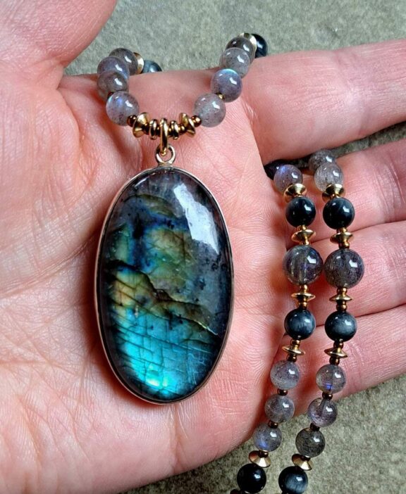 Labradoritkette mit Edelsteinperlen wie Falkenauge - edler Echtschmuck, nickelfrei