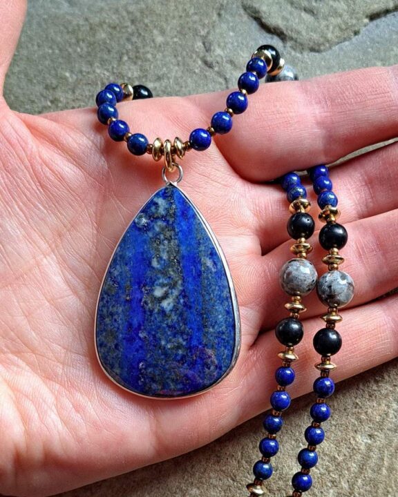 Lapis Lazuli pendant on a crystal beaded necklace - fine jewellery