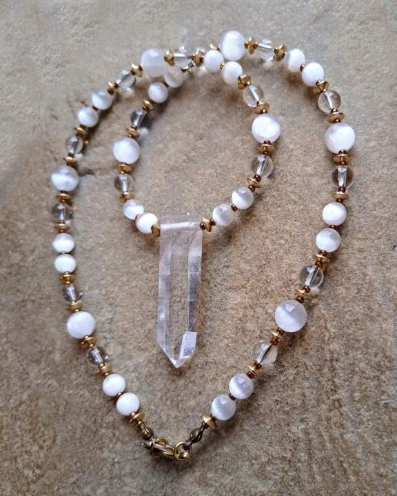 Lemuria crystal pendant on healing stone necklace - ideal meditation tools