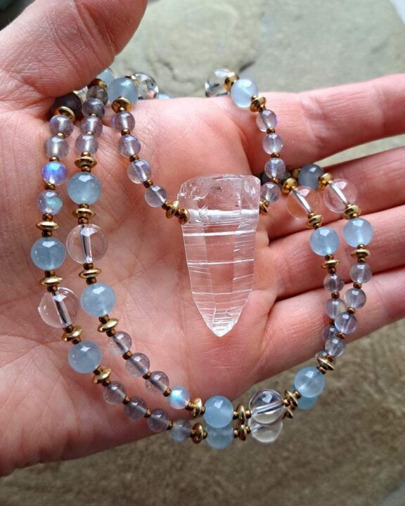 Lemuria-Kristall-Kette aus Bergkristall, Aquamarin und Labradorit - edler Heilsteinschmuck