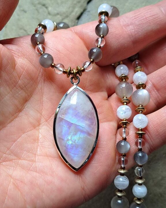 Moonstone pendant on a healing crystal beaded necklace - natural jewelry