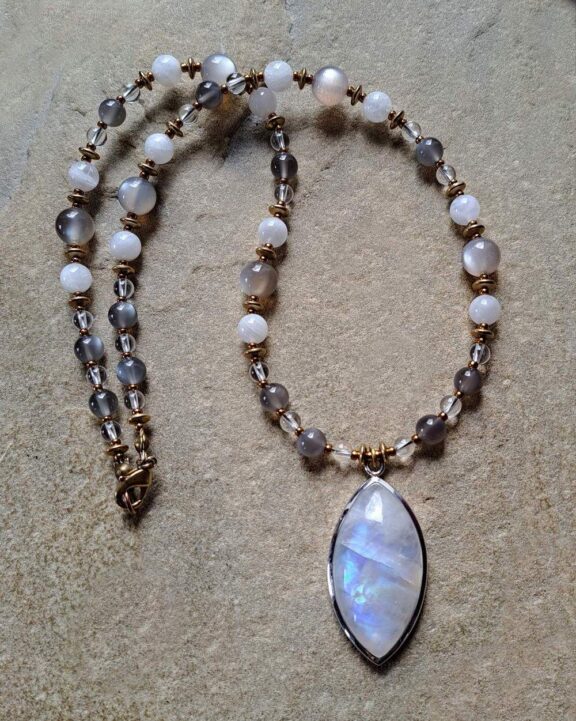 Rainbow moonstone pendant on a healing crystal beaded necklace - fine natural jewelry
