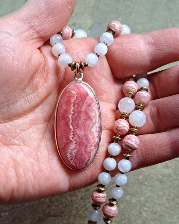 Rhodochrosite pendant on a crystal necklace - precious jewellery