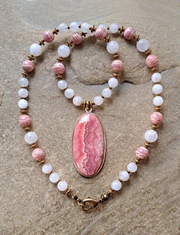 Rhodochrosite pendant on a crystal necklace - precious jewelry