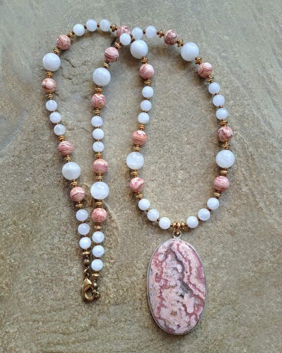 Rhodochrosite pendant on a healing crystal beaded necklace - perfect yoga props