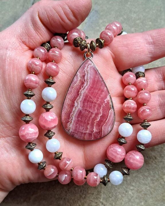 Rhodochrosite pendant on a healing stone beaded necklace - stone jewelry