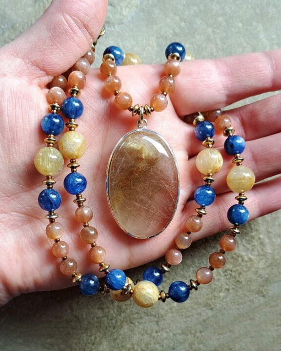 Rutilated quartz pendant with healing stone beads - fine jewelry