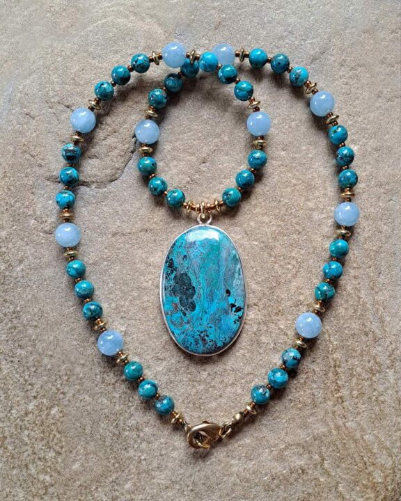 Shattuckite pendant on a crystal beaded necklace - fine healing stone jewelry