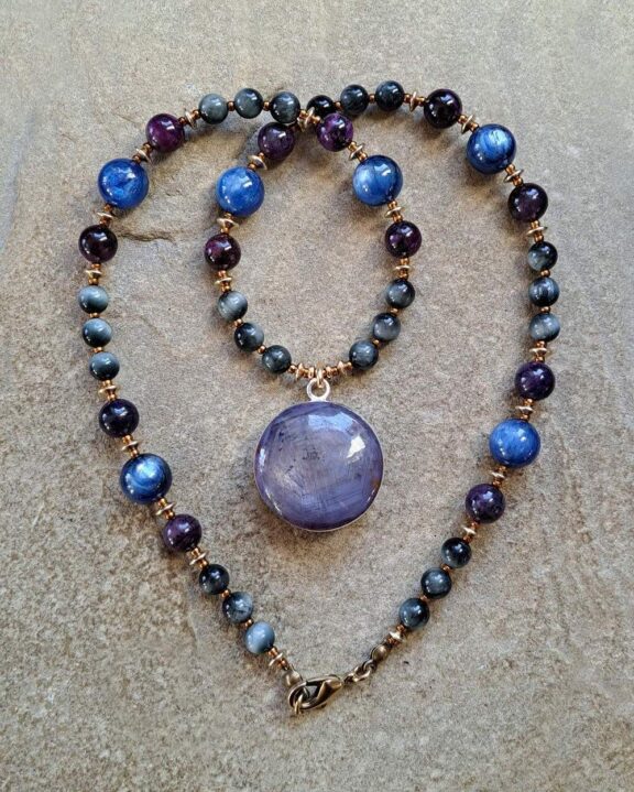 Star ruby pendant with healing crystal beads of sugilite, kyanite and hawks eye - ideal Reiki tools