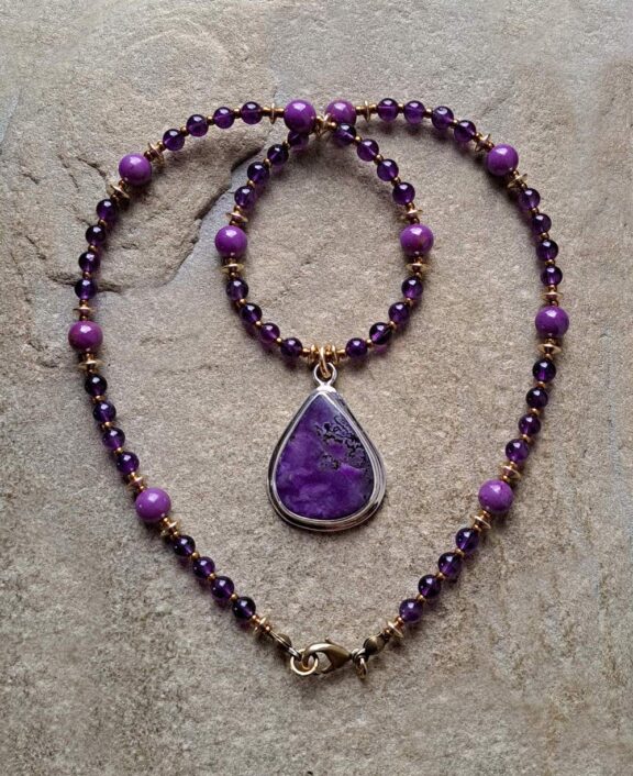 Sugilite pendant on a healing crystal beaded necklace - luxury jewellery