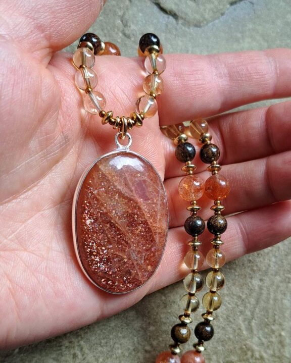 Energetic jewelry: Sunstone pendant on a healing crystal beaded necklace - yoga props