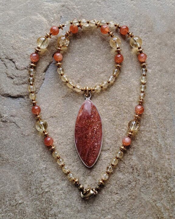 Sunstone pendant on a healing crystal beaded necklace - ideal reiki tools