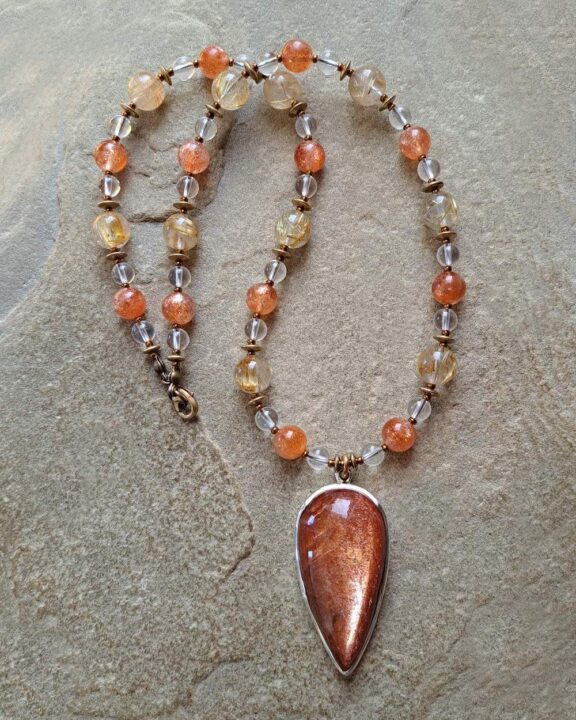 Sunstone pendant on a healing crystal beaded necklace - fine yoga jewelry