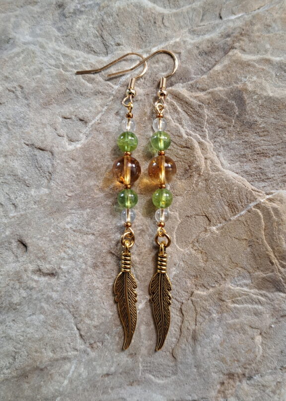 Citrin, Peridot, Bergkristall Edelstein Ohrringe mit Feder in gold