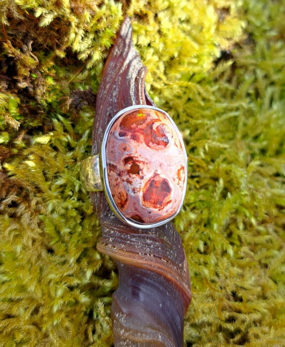 Feueropal Heilstein Ring XL in Silber gefasst