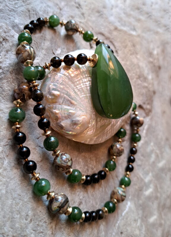 Jade - Obsidian - Paua Muschel Heilsteinkette
