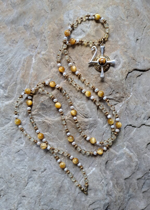 Jupiter Anhänger an Edelstein Kette aus Tigerauge, Süsswasserperle und Citrin
