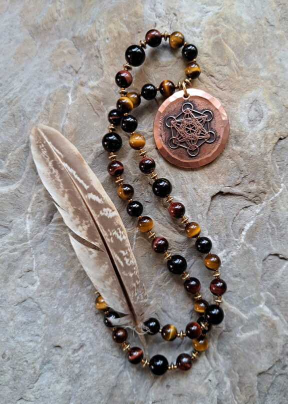 Metatron Anhänger an Edelsteinkette aus Tigerauge, Turmalin Heilsteinperlen