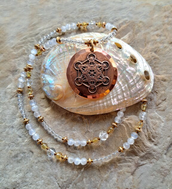 Metatron Kupferamulett an Edelsteinkette aus Selenit, Citrin und Bergkristall