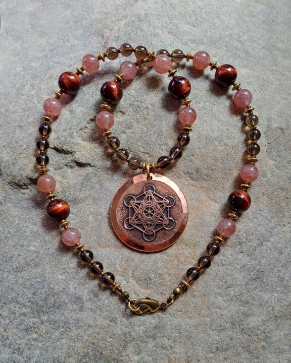 Metatron-Anhänger an Heilsteinkette aus Rauchquarz, Aventurin und Tigerauge - Boho-Schmuck