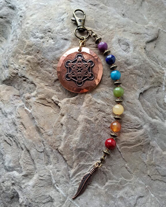 Metatron Anhänger - von Hand geschmiedet aus Kupfer - Schlüsselanhänger mit Edelsteinperlen