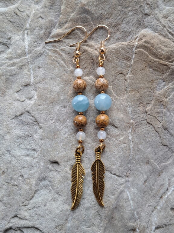 Aquamarin-Ohrringe mit Mondstein- und Jaspisperlen - edler Damenschmuck