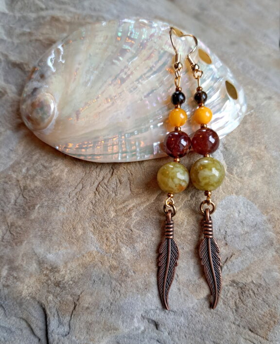 Serpentin - Bernstein - Goldobsidian -Grossular Perlenohrringe - handgemacht