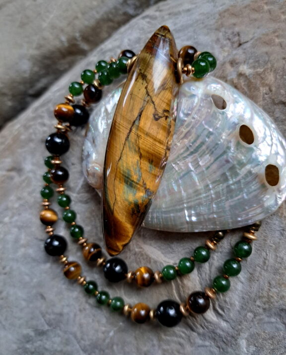Tigerauge - grüne Jade - Hypersthen Halskette - handgemacht